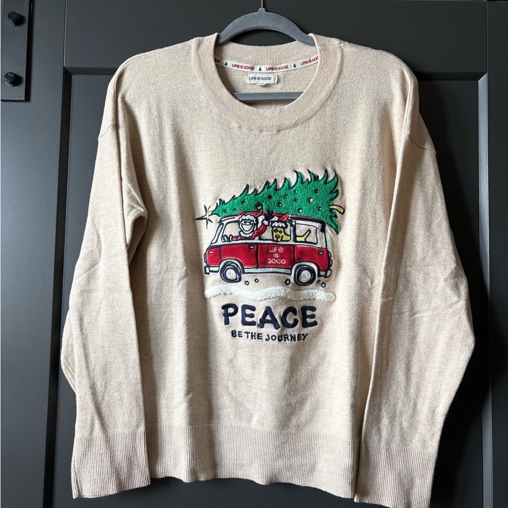 Life Is Good Cream Crewneck Sweater with Red Van & Green Tree Graphic, Holiday